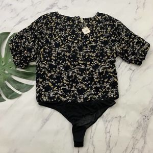 Free People Dessa Bodysuit Size XL New Black Yellow Floral Puff Sleeve